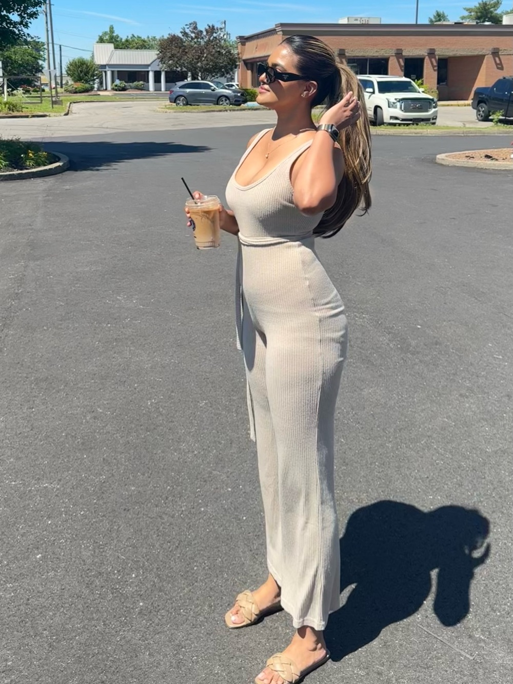 Princess-Polly Ribbed Jumpsuit in Beige